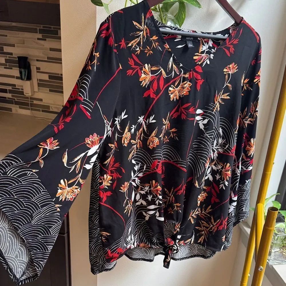 Alfani Black Blouse with Red and Orange Floral Design